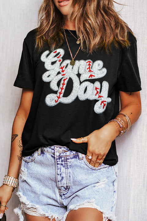 Black Sequin Game Day Graphic Crew Neck Tee