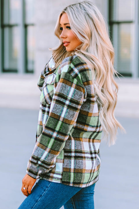 Green Geometric Plaid Print Pocketed Shacket