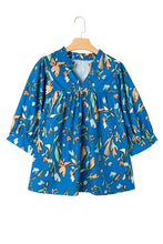 Blue Floral Notched V Neck Half Sleeve Plus Size Blouse