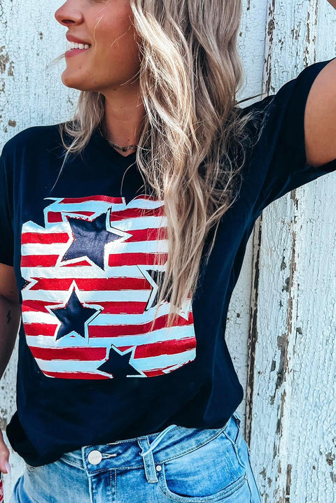 Black Independence Star Stripes Flag Graphic Tee