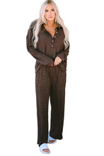 Brown Ribbed Knit Collared Henley Top and Pants Lounge Outfit