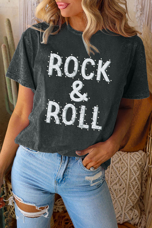 Black ROCK & ROLL Mineral Wash Crewneck T Shirt