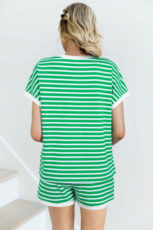 Dark Green Striped Cap Sleeve Tee and Shorts Set