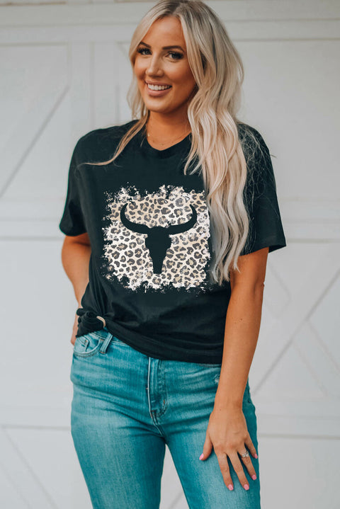 Black Western Leopard Steer Head Print Casual T Shirt