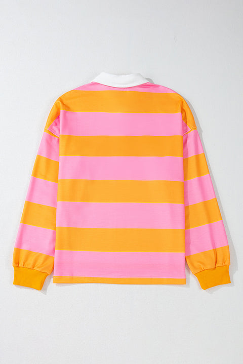 Yellow Stripe Color Block Polo Collar Sweatshirt