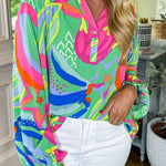 Green Abstract Print Ruffled Sleeve Buttoned V Neck Blouse