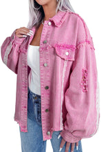 Pink Lace Patchwork Distressed Buttoned Denim Jacket