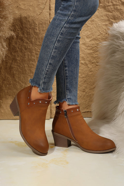 Chestnut Studded Faux Leather Chunky Heel Ankle Boots