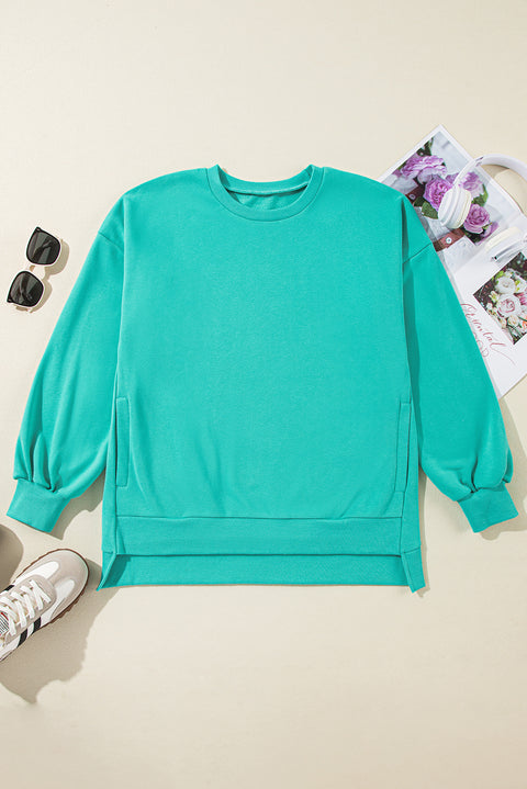 Sea Green Solid Fleece Lined Drop Shoulder High Low Sweatshirt