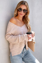 Pink Waffled Knit Long Sleeve V-Neck Frayed Top