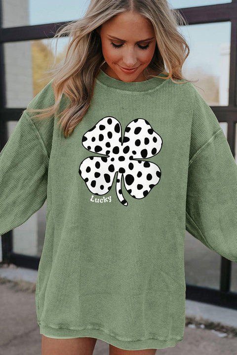 Grass Green Western Cow Clover Print Crewneck Corded Sweatshirt