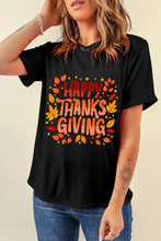 Black Happy Thanksgiving Leaves Print Crew Neck T Shirt