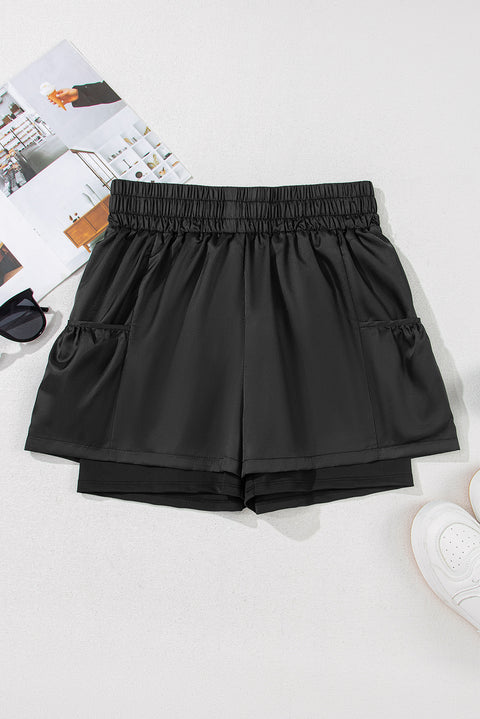 Black Elastic High Waist Pocketed Casual Shorts