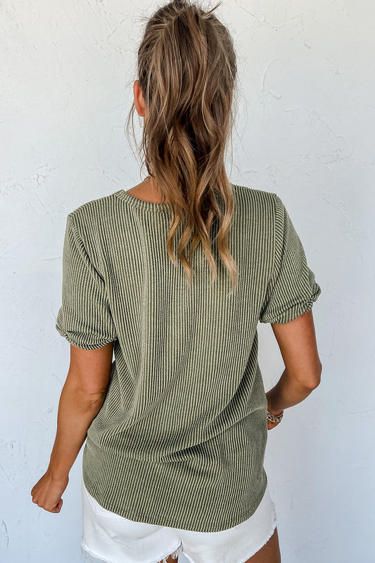 Laurel Green Twist Short Sleeve Corded V Neck Top