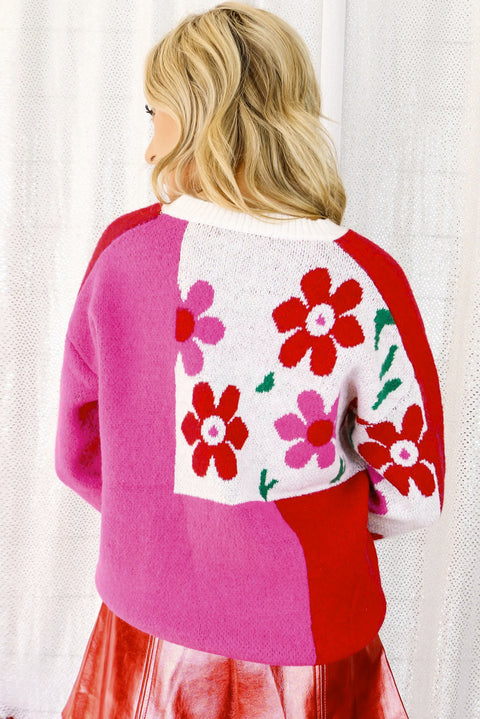 Rose Red Floral Mixed Color Block Sweater