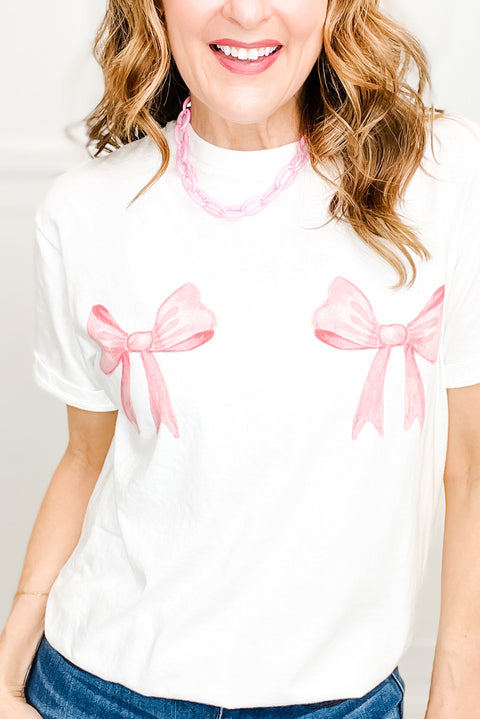 White Sweet Bow Knot Print O Neck Casual T Shirt