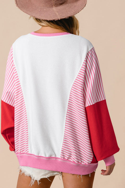 Rose Red Santa Clause Striped Block Patchwork Round Neck Sweatshirt