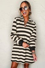 Black Stripe Collared V Neck Long Sleeve Loose Casual Dress