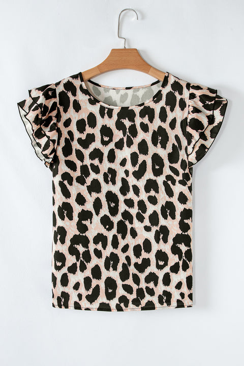 Khaki Leopard Print Layered Ruffled Short Sleeve Blouse