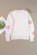 White Flower Pattern Ribbed Edge Elegant Sweater