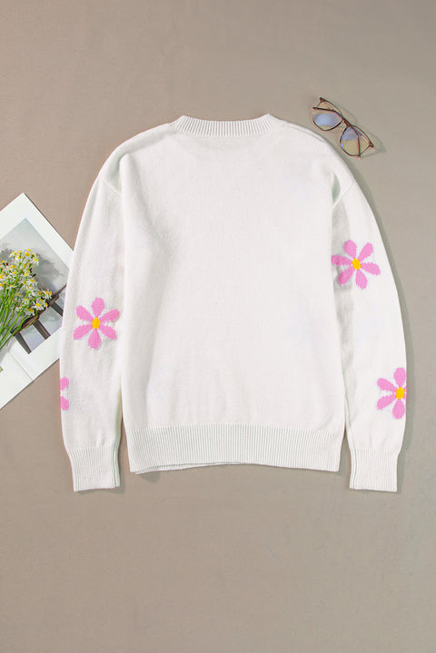 White Flower Pattern Ribbed Edge Elegant Sweater