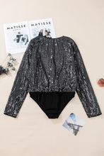 Black Sequin Mesh Long Sleeve Surplice Neck Bodysuit