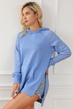 Blue Raw Seam Patchwork Kangaroo Pocket Tunic Hoodie