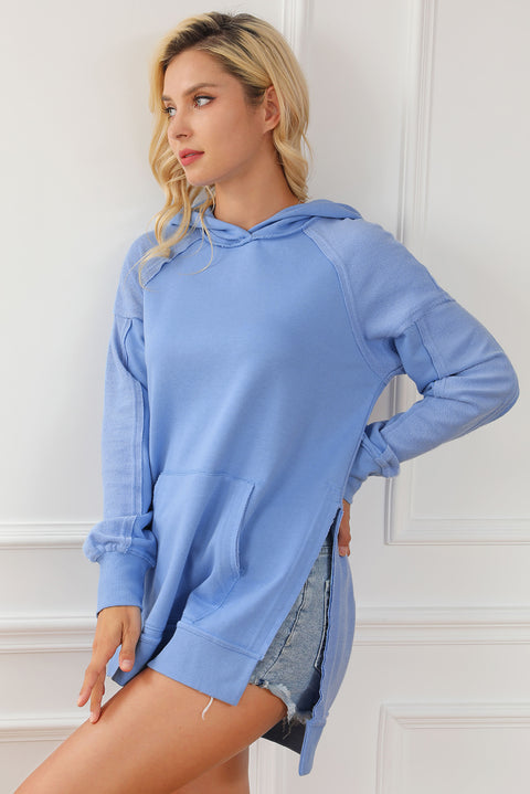 Blue Raw Seam Patchwork Kangaroo Pocket Tunic Hoodie