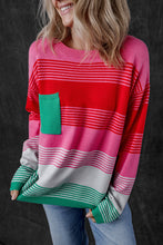 Rose Striped Knit Patch Pocket Drop Shoulder Sweater