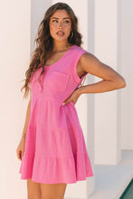 Bright Pink Waffle Textured Button Round Neck A-line Tiered Sleeveless Dress