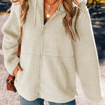 Beige Fleece Zip Up Drawstring Hooded Pocketed Jacket