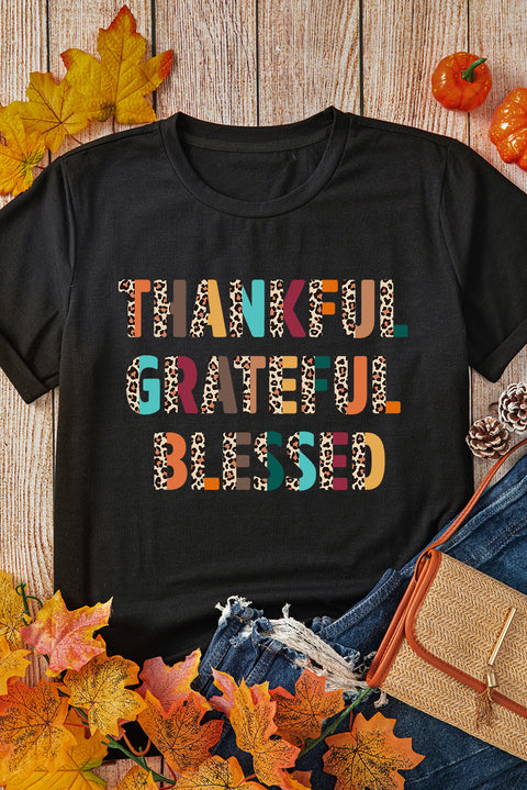 Black Thankful Grateful Blessed Leopard Print Crewneck T Shirt