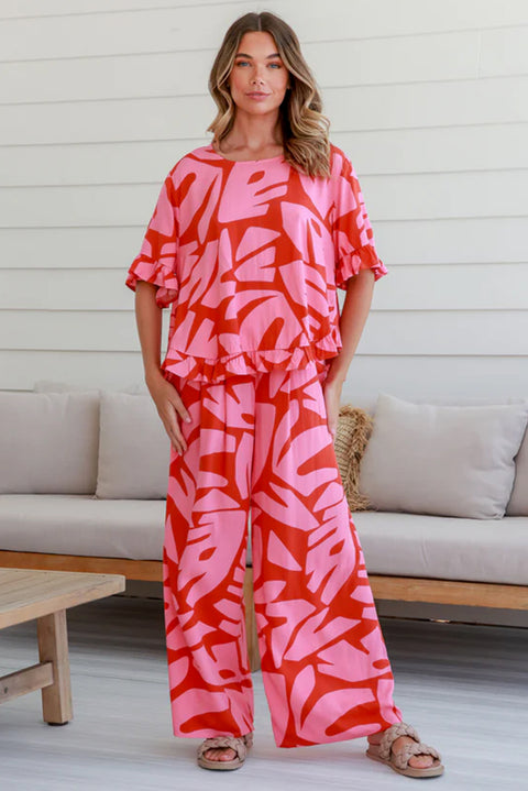 Strawberry Pink Abstract Palm Printed Ruffled Top and Wide Leg Pants Set