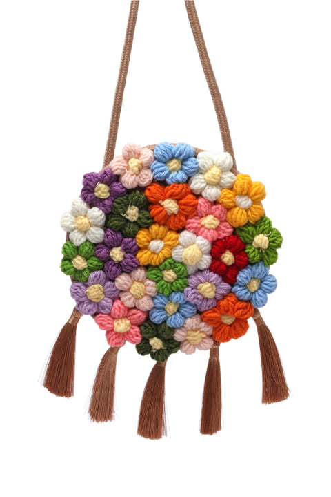 Coffee Colorful Flower Crochet Tasseled Shoulder Bag