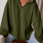 Moss Green Fleece Lined Half Zipper Kangaroo Pockets Loose Hoodie