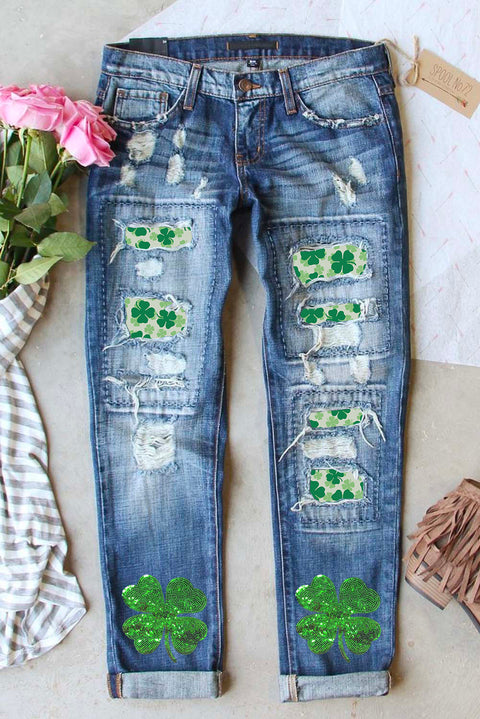 Sky Blue St. Patricks Clover Patchwork Sequin Distressed Jeans