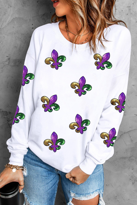 White Fleur De Lis Sequin Patched Graphic Drop Shoulder Sweatshirt