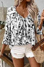 Black Leopard Print Ruched V Neck 3/4 Sleeve Blouse