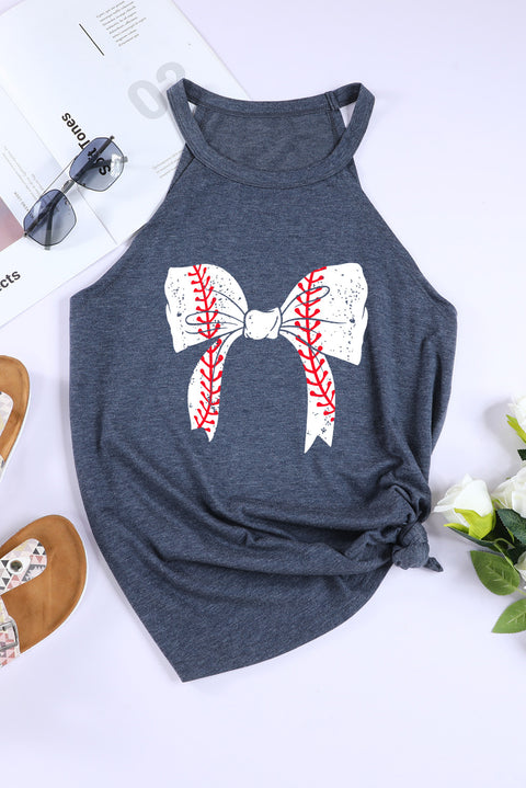 Blue Baseball Bow Knot Print Slim Fit Crewneck Tank Top