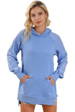 Blue Raw Seam Patchwork Kangaroo Pocket Tunic Hoodie