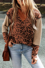 Brown Textured Knit Patchwork Leopard Hoodie