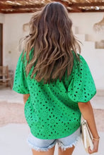 Green Flower Embroidered Hollow-out Puff Sleeve Blouse