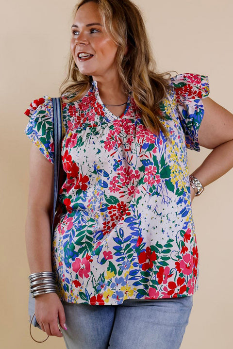 Blusa con cuello en V y manga japonesa con volante y estampado floral