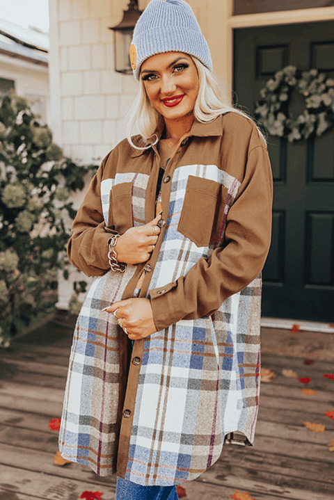 Khaki Plaid Patchwork Long Sleeve Shirt Mini Dress