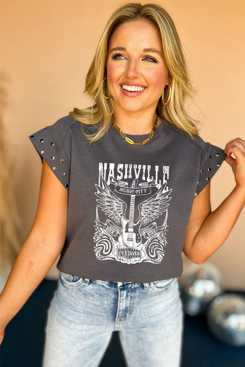 Dark Grey NASHVILLE Music City Stud Cuff Graphic Tee