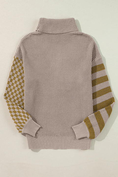 Smoke Gray Striped Plaid Patchwork Waffle Knit Turtleneck Sweater