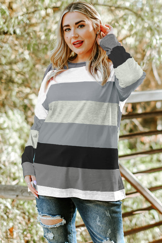 Gray Stripe Plus Size Colorblock Pullover Top