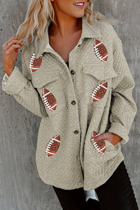 Beige Sequin Rugby Quilted Buttoned Turn Down Collar Shacket