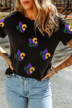 Black Chenille Mardi Gras Pattern Patched Crew Neck Tee