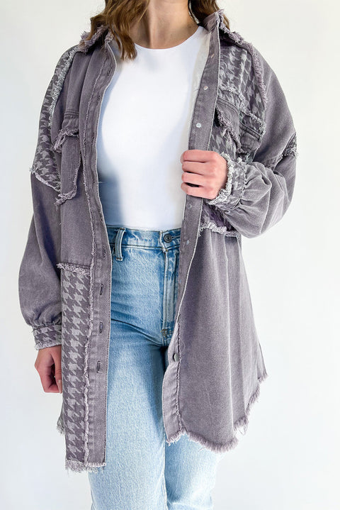 Medium Grey Retro Distressed Houndstooth Patchwork Denim Jacket